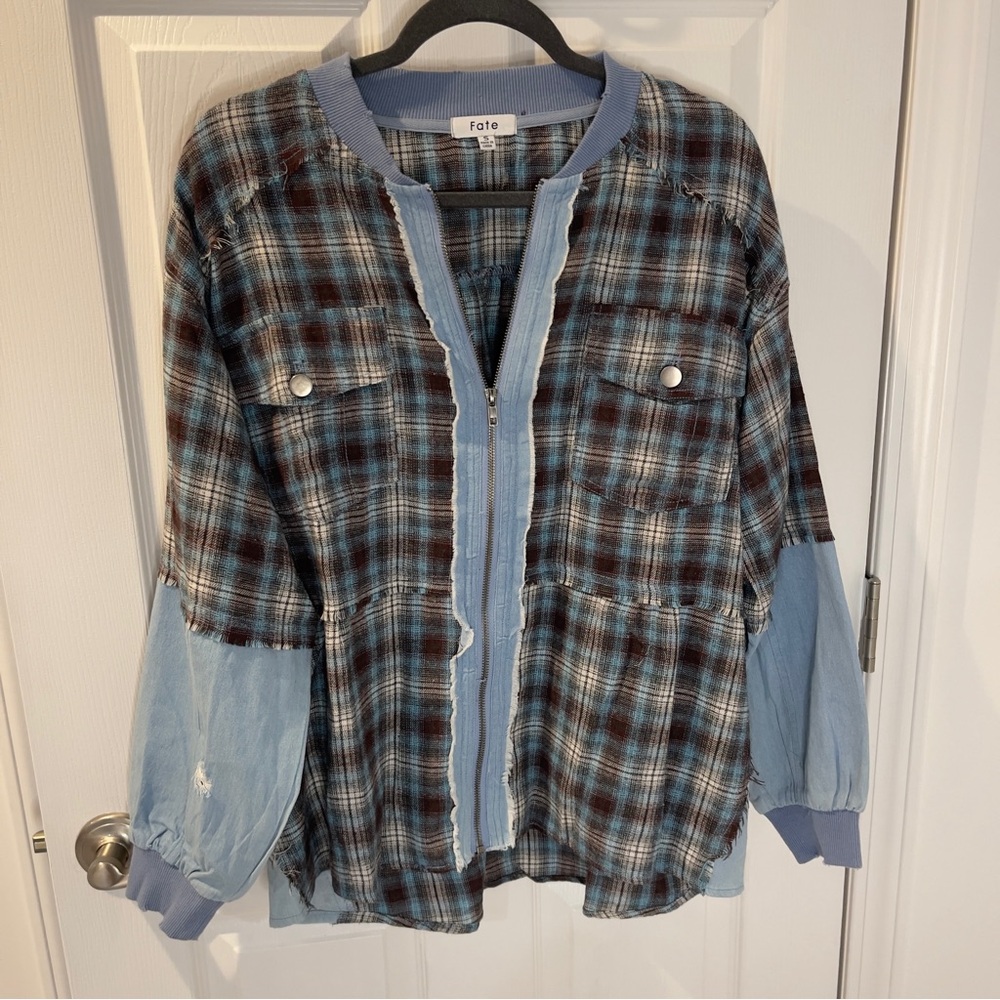 Fate Plaid Chambray 90s grunge zip oversized distressed shacket shirt flannel